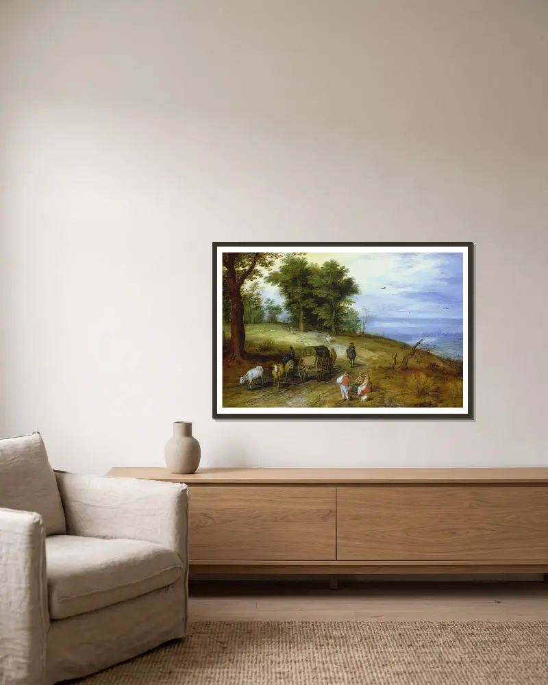 Lesní krajina s postavami, Jan Brueghel The Elder v rámu na stěně