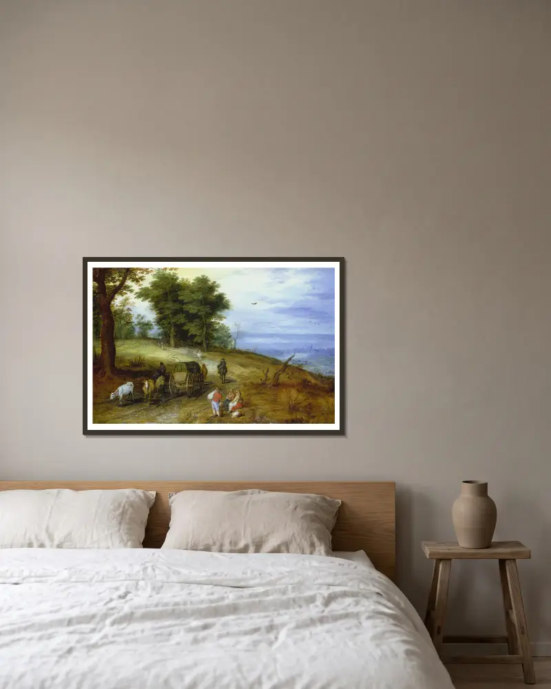 Lesní krajina s postavami, Jan Brueghel The Elder v rámu na stěně