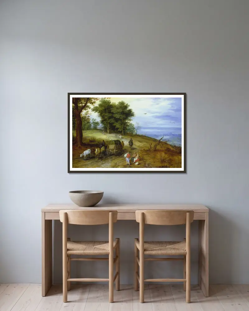Lesní krajina s postavami, Jan Brueghel The Elder v rámu na stěně