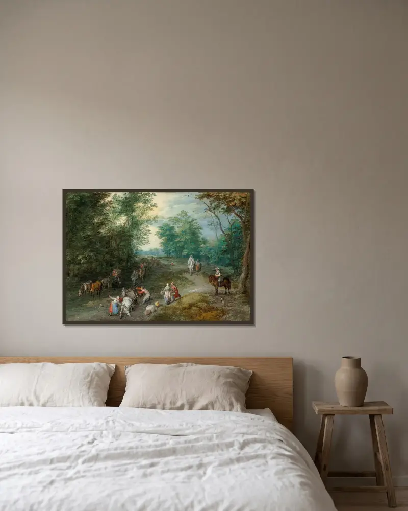 Skogslandskap med resenärer av Jan Brueghel The Elder inramad på en vägg