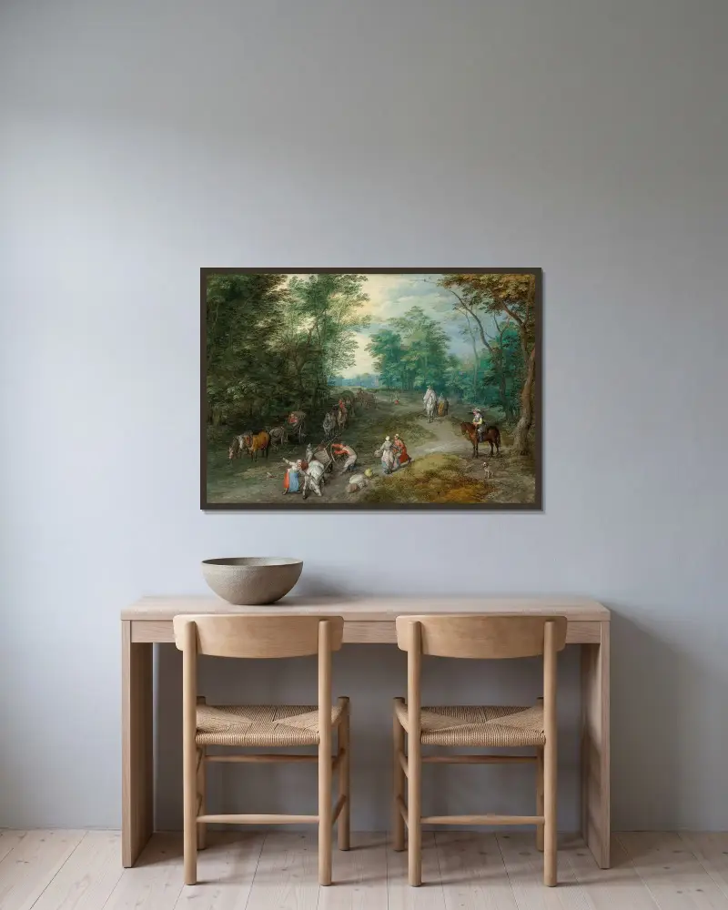 Skogslandskap med resenärer av Jan Brueghel The Elder inramad på en vägg