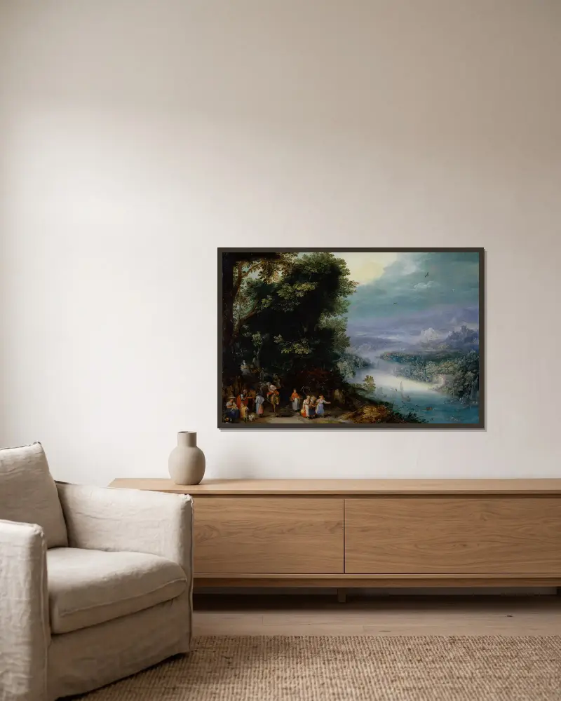 Zalesněné říční údolí s cestou, Jan Brueghel The Elder v rámu na stěně