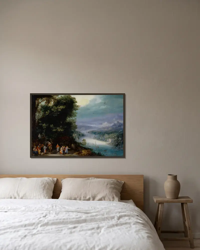 Zalesněné říční údolí s cestou, Jan Brueghel The Elder v rámu na stěně
