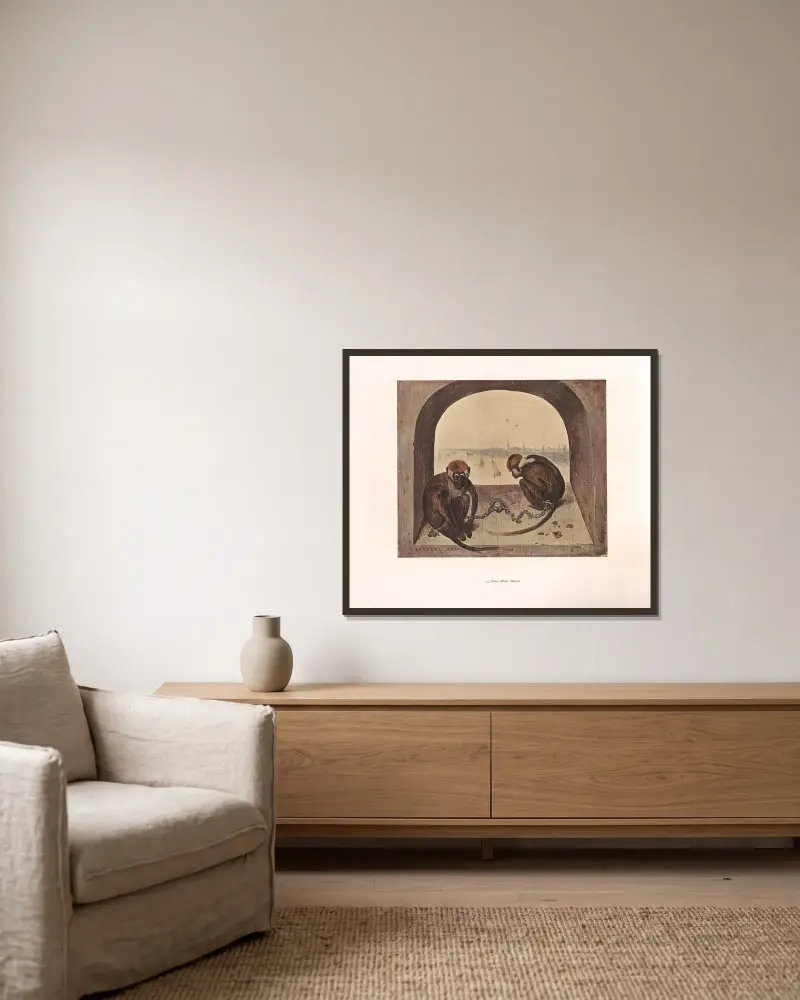 Zwei Affen von Pieter Bruegel The Elder gerahmt an einer Wand
