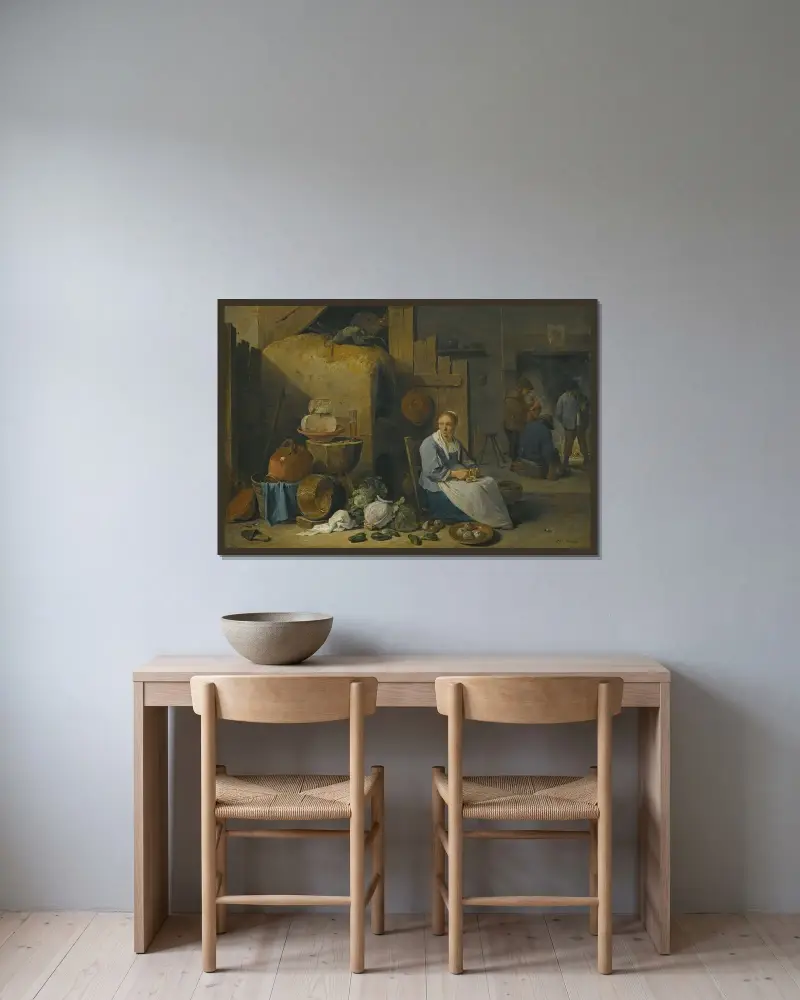 En lada inredning med en piga som förbereder grönsaker av David Teniers The Younger inramad på en vägg