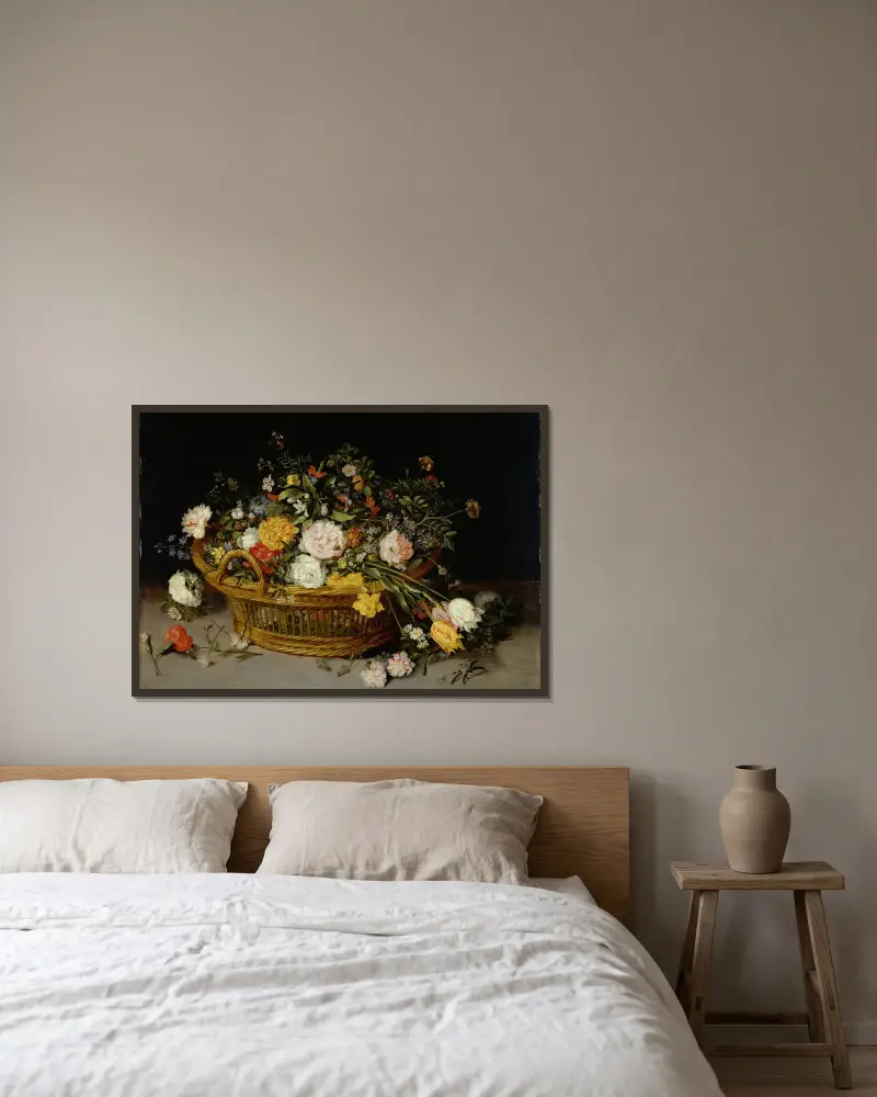 A Basket of Flowers av Jan Brueghel the Younger inramad på en vägg
