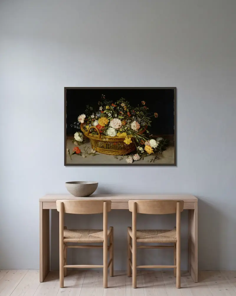 A Basket of Flowers av Jan Brueghel the Younger inramad på en vägg