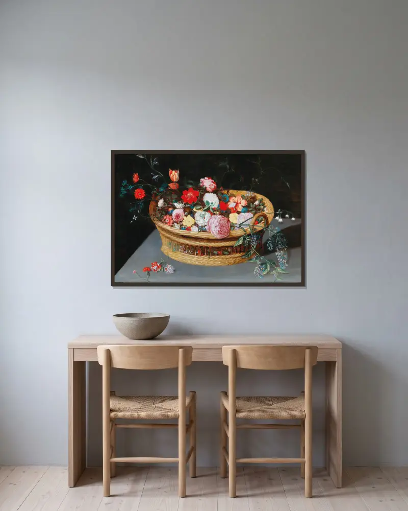 A basket with spring flowers on a stone table av Jan Brueghel the Younger inramad på en vägg