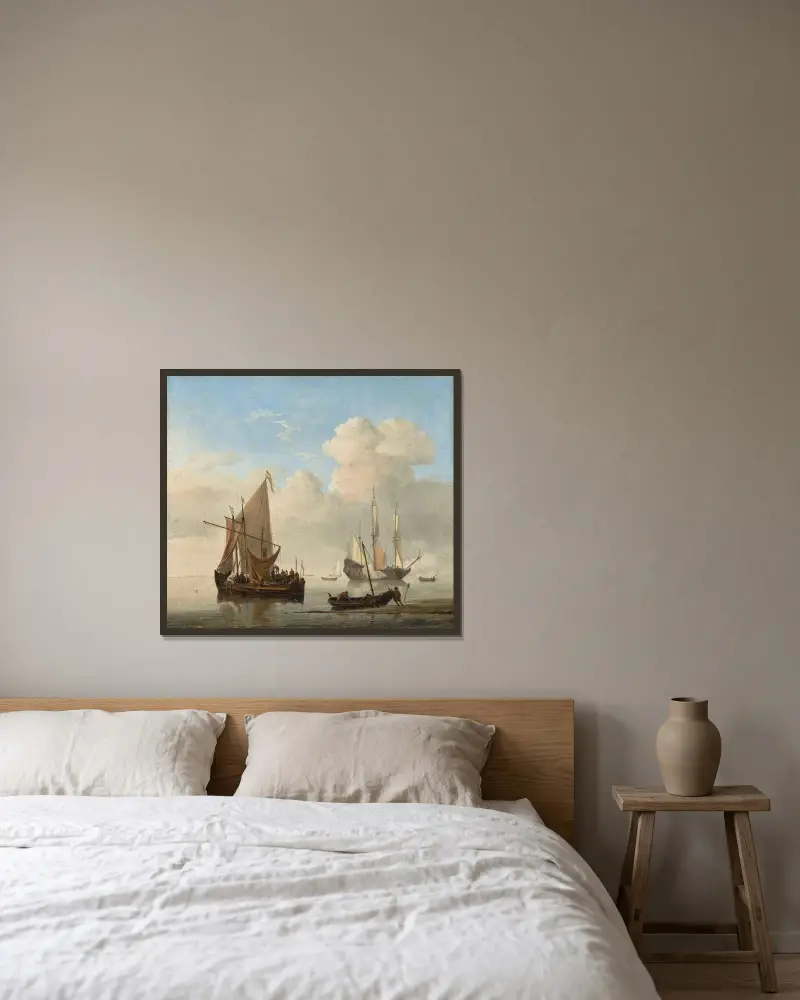 A Calm – A kaag alongside a smalschip at anchor, with a weyschuit being pushed off the shore and a man-of-war firing a salute beyond von Willem van de Velde the Younger gerahmt an einer Wand