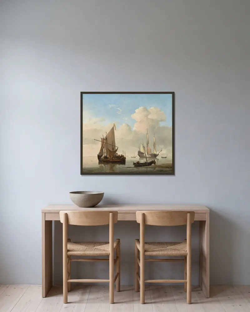 A Calm – A kaag alongside a smalschip at anchor, with a weyschuit being pushed off the shore and a man-of-war firing a salute beyond von Willem van de Velde the Younger gerahmt an einer Wand