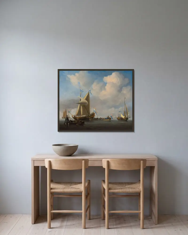 Ett stilla vatten med en statskjakt som avlossar salutt av Willem van de Velde the Younger inramad på en vägg