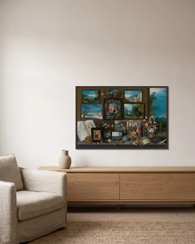 Ein Sammlerschrank von Frans Francken the Younger gerahmt an einer Wand