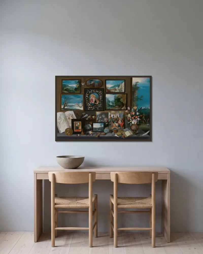 Ein Sammlerschrank von Frans Francken the Younger gerahmt an einer Wand
