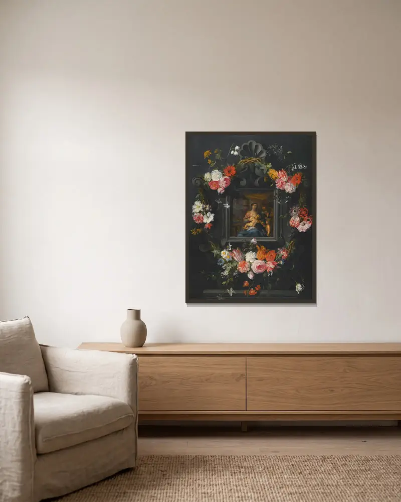 A Garland Of Flowers Surrounding The Virgin And Child av Jan Brueghel the Younger inramad på en vägg