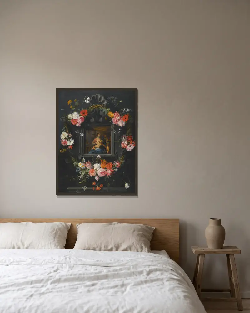 A Garland Of Flowers Surrounding The Virgin And Child av Jan Brueghel the Younger inramad på en vägg