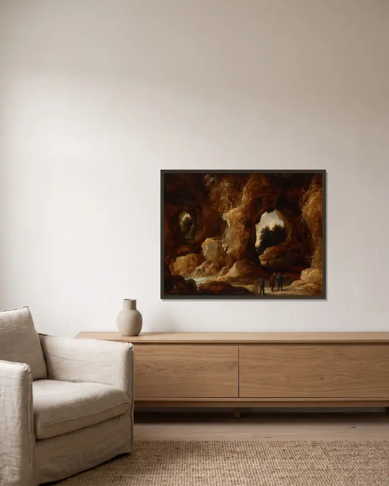 En grotta med figurer, en kronhjort och en stork av David Teniers The Younger inramad på en vägg