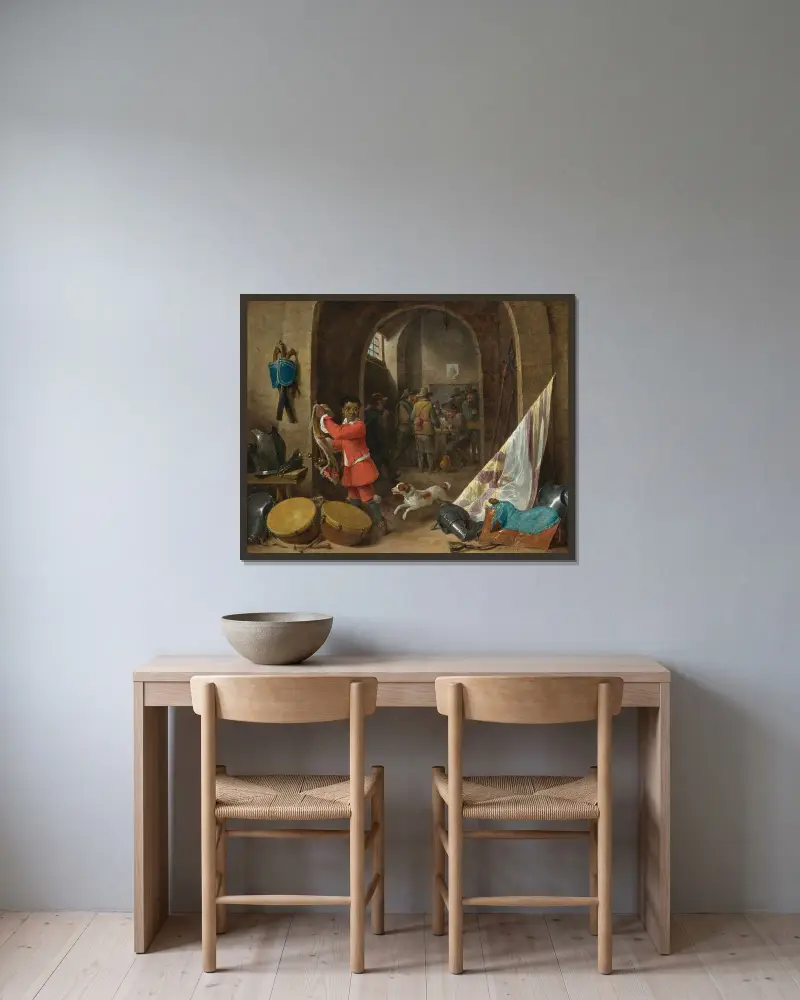 En vaktstuga av David Teniers The Younger inramad på en vägg