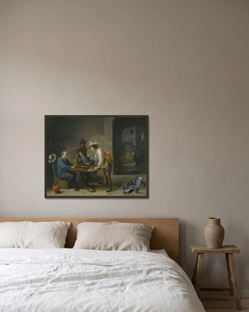En vaktstuga med trictracspelare i förgrunden av David Teniers The Younger inramad på en vägg