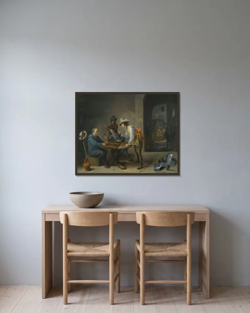 En vaktstuga med trictracspelare i förgrunden av David Teniers The Younger inramad på en vägg