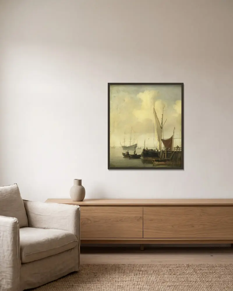En hamn av Willem van de Velde the Younger inramad på en vägg