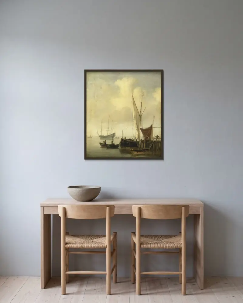 En hamn av Willem van de Velde the Younger inramad på en vägg