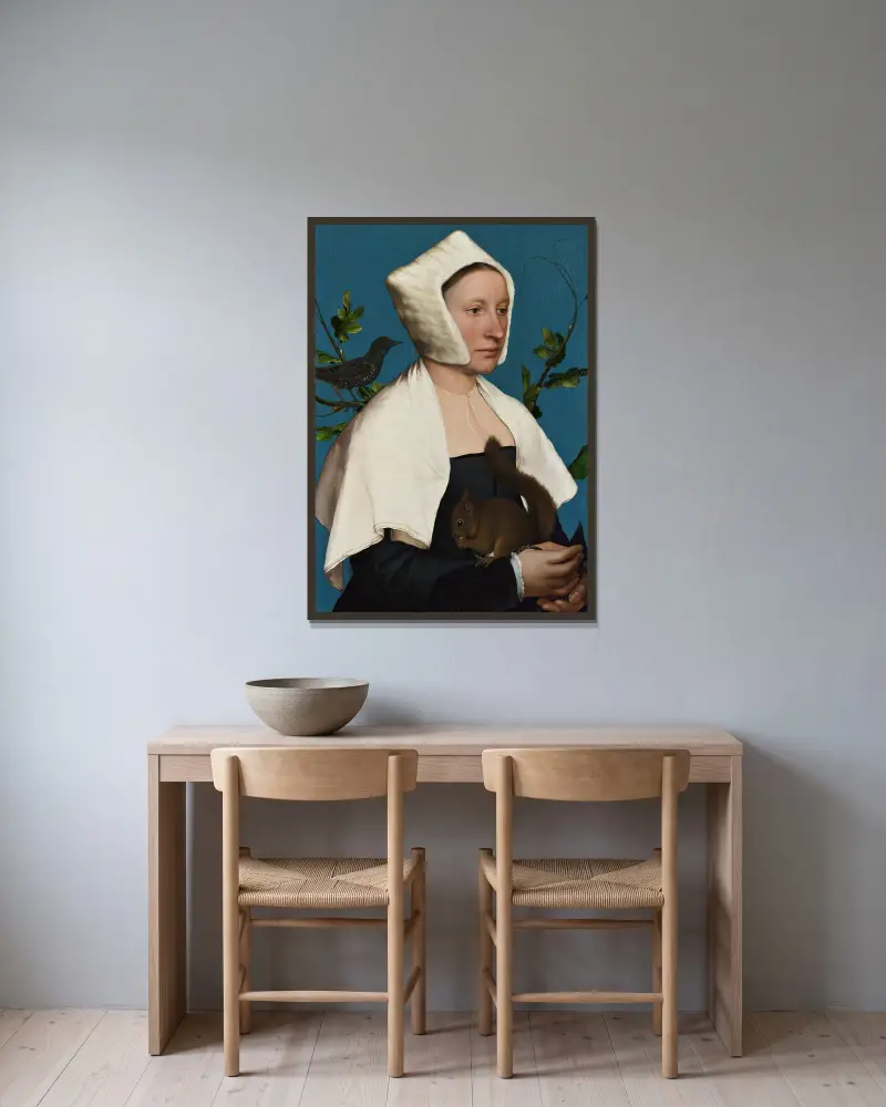 A Lady With A Squirrel And A Starling av Hans Holbein The Younger inramad på en vägg
