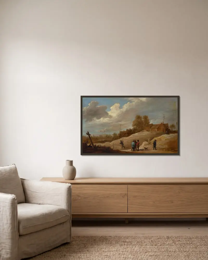 Landskap med figurer i utkanten av en stad av David Teniers The Younger inramad på en vägg