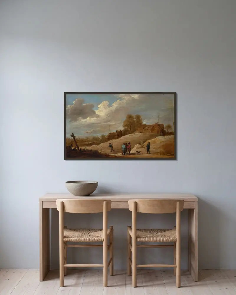 Landskap med figurer i utkanten av en stad av David Teniers The Younger inramad på en vägg