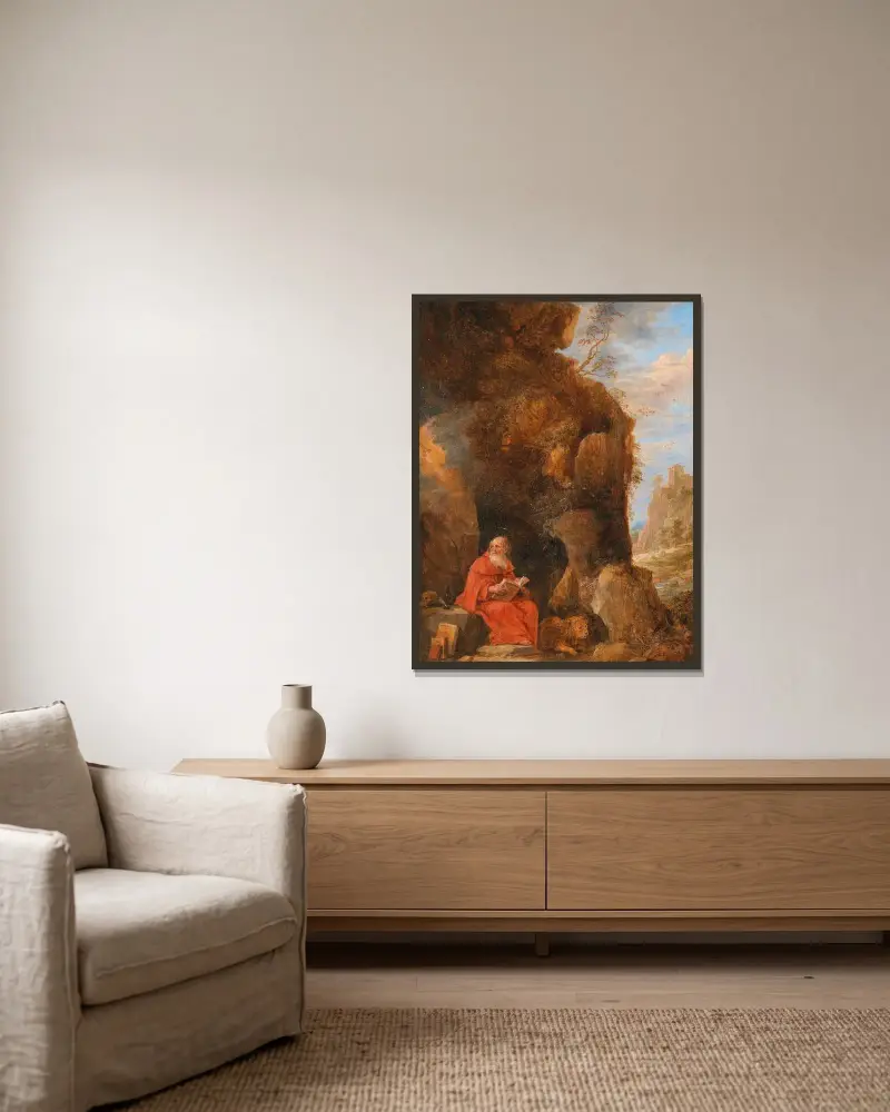 Landskap med den helige Hieronymus utanför en grotta av David Teniers The Younger inramad på en vägg