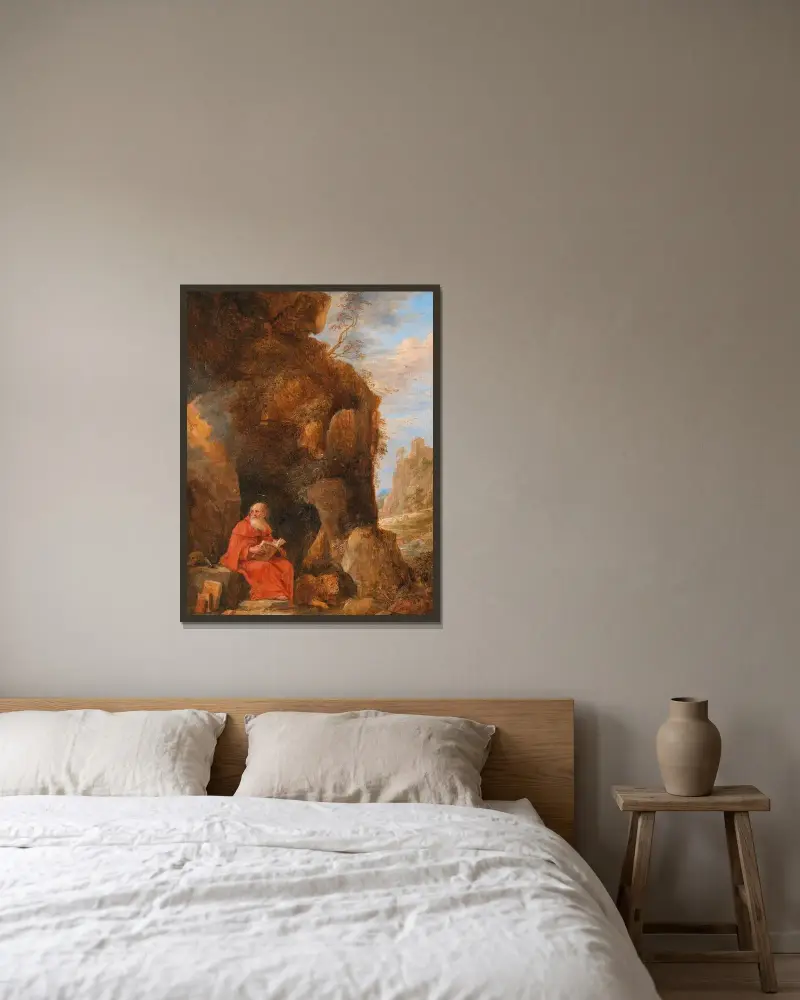 Landskap med den helige Hieronymus utanför en grotta av David Teniers The Younger inramad på en vägg