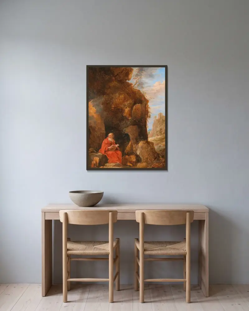 Landskap med den helige Hieronymus utanför en grotta av David Teniers The Younger inramad på en vägg