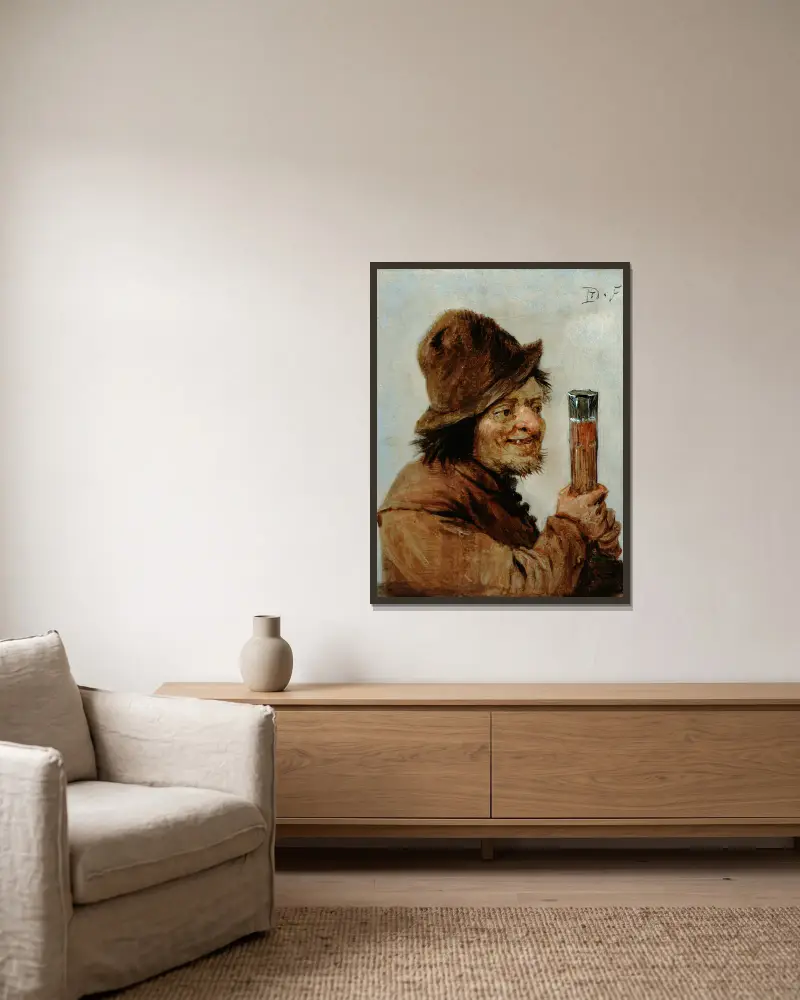 A Peasant holding a Glass av David Teniers The Younger inramad på en vägg