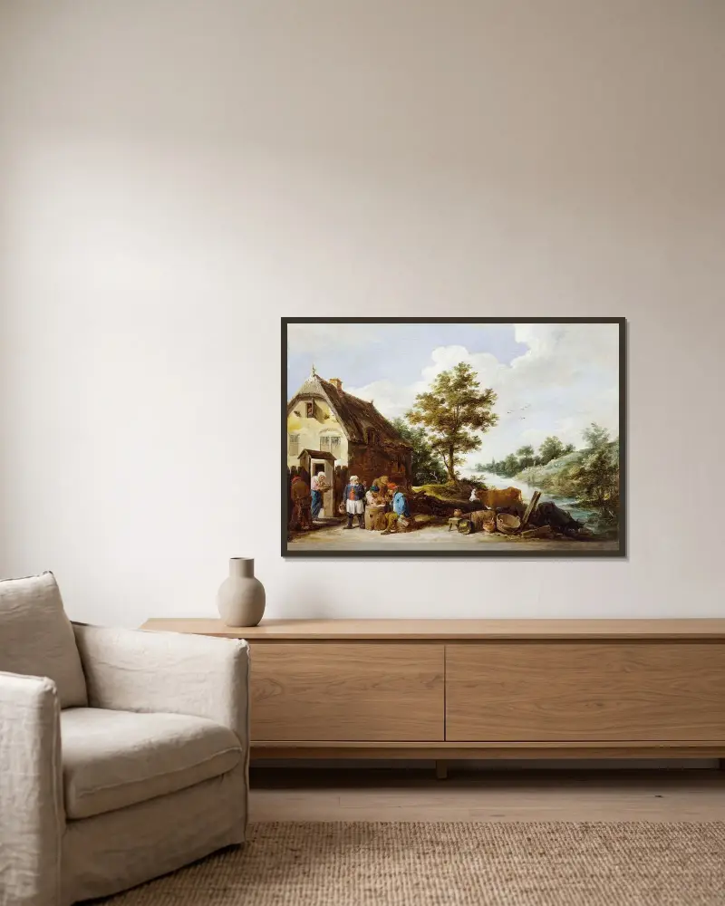 Ett värdshus vid floden av David Teniers The Younger inramad på en vägg