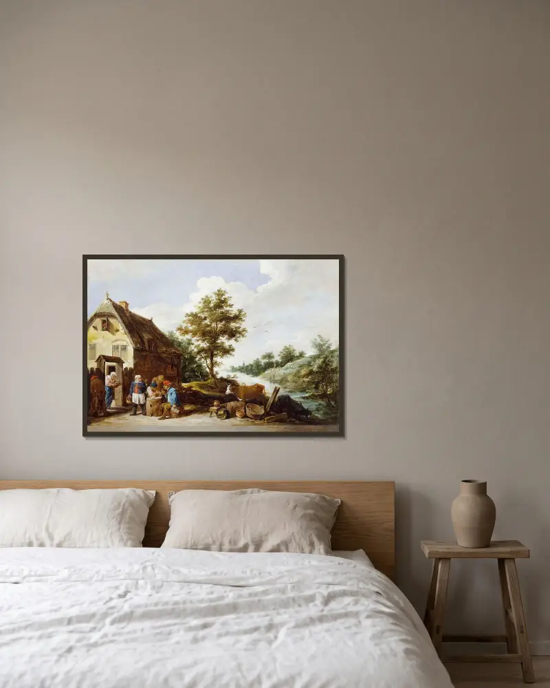 Ett värdshus vid floden av David Teniers The Younger inramad på en vägg