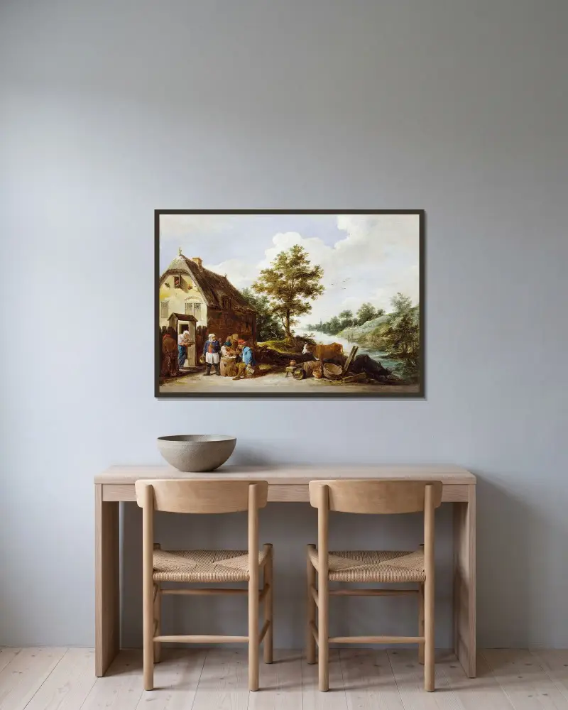 Ett värdshus vid floden av David Teniers The Younger inramad på en vägg