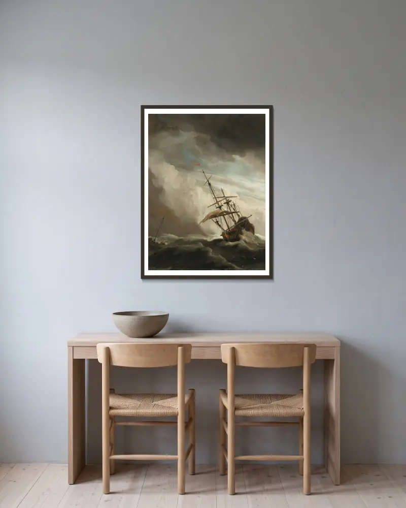 A Ship on the High Seas Caught by a Squall, Known as ‘The Gust’ av Willem van de Velde the Younger inramad på en vägg