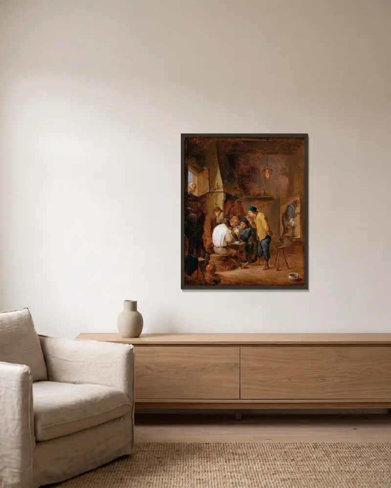 Kroginteriör med kortspelande bönder av David Teniers The Younger inramad på en vägg