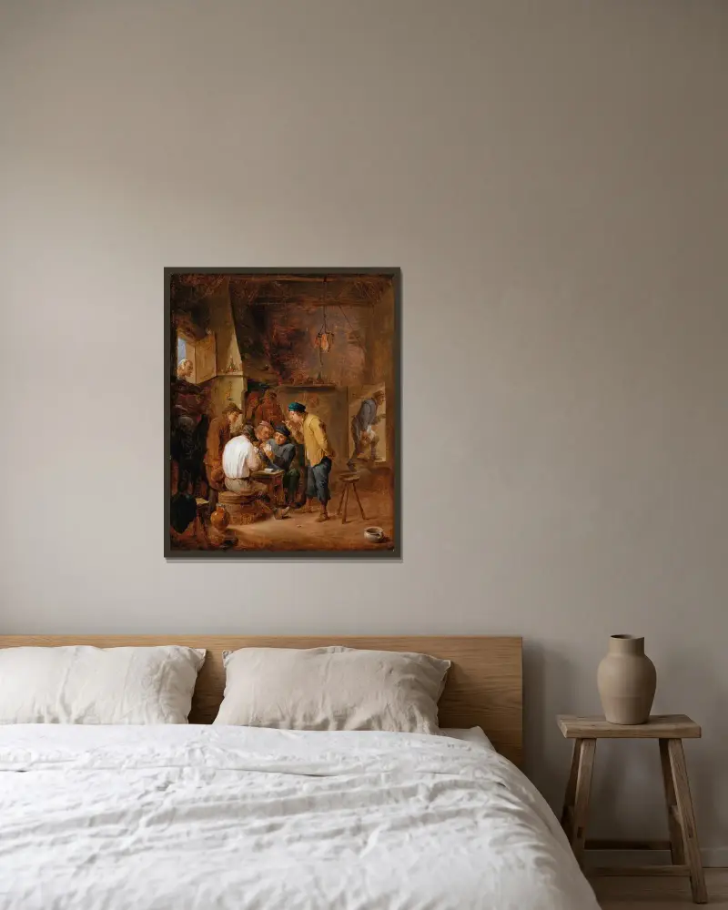 Kroginteriör med kortspelande bönder av David Teniers The Younger inramad på en vägg