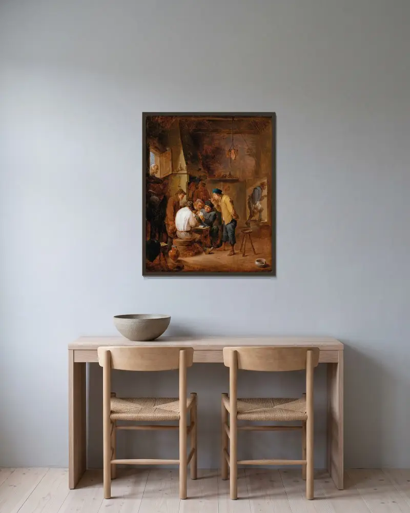 Kroginteriör med kortspelande bönder av David Teniers The Younger inramad på en vägg