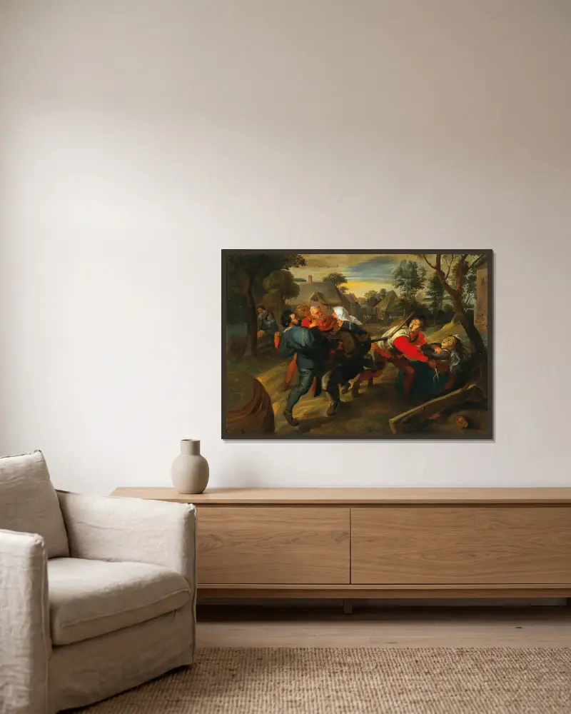Ein Dorfstreit von Jan Brueghel the Younger gerahmt an einer Wand