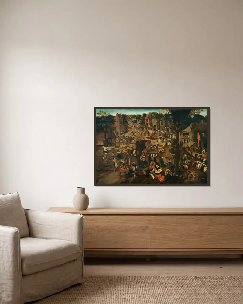 Ein Dorffest (Dorf fest zu Ehren des Heiligen Hubertus und des Heiligen Antonius) von Pieter Brueghel The Younger gerahmt an einer Wand