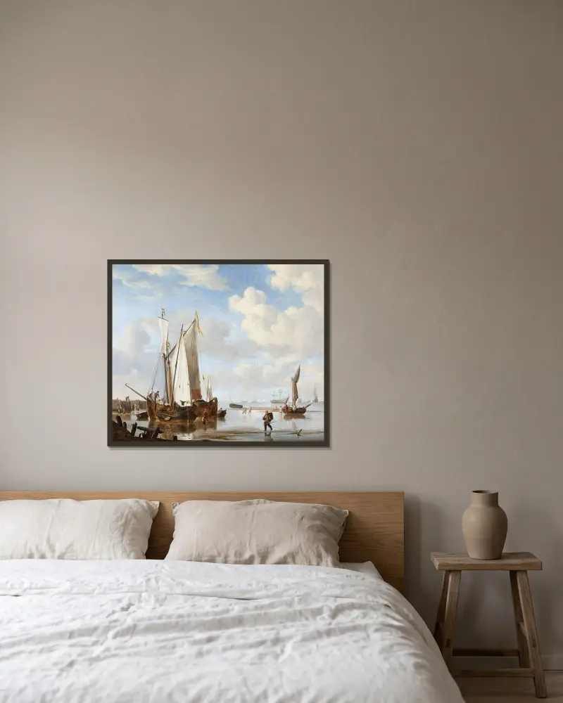 Ett wijdschip och en kaag i en vik nära en strandskoning av Willem van de Velde the Younger inramad på en vägg