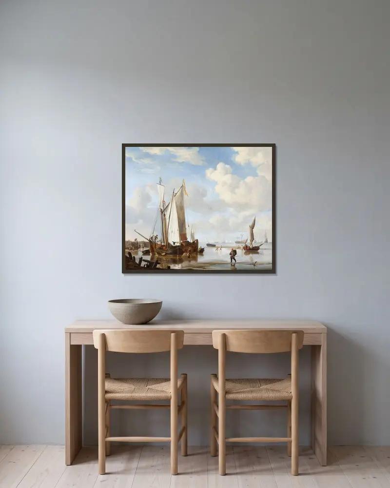 Ett wijdschip och en kaag i en vik nära en strandskoning av Willem van de Velde the Younger inramad på en vägg