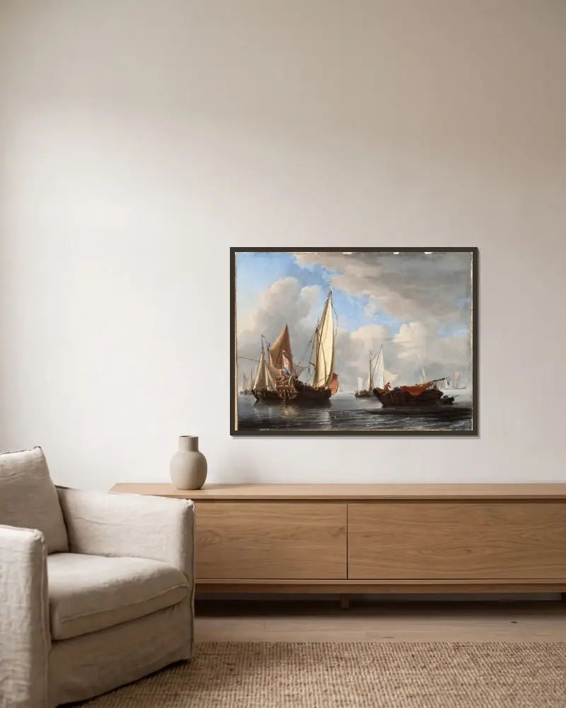 A Yacht and Other Vessels in a Calm av Willem van de Velde the Younger inramad på en vägg