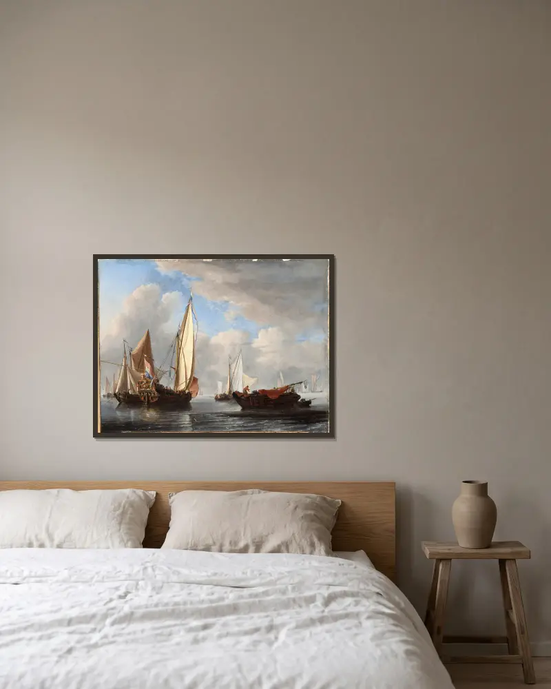 A Yacht and Other Vessels in a Calm av Willem van de Velde the Younger inramad på en vägg