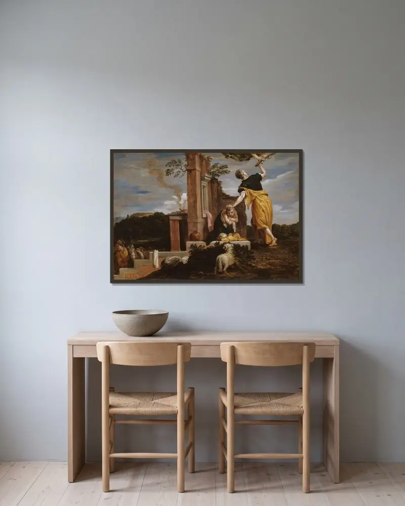 Abrahams offer av Isak av David Teniers The Younger inramad på en vägg