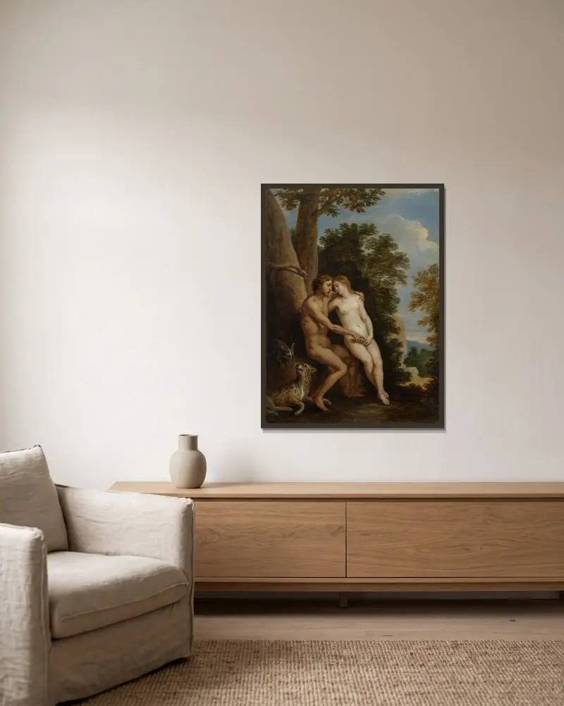 Adam och Eva i paradiset av David Teniers The Younger inramad på en vägg