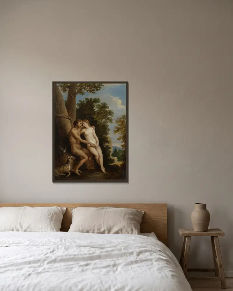 Adam och Eva i paradiset av David Teniers The Younger inramad på en vägg