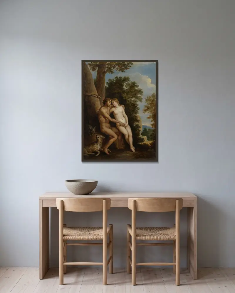 Adam och Eva i paradiset av David Teniers The Younger inramad på en vägg
