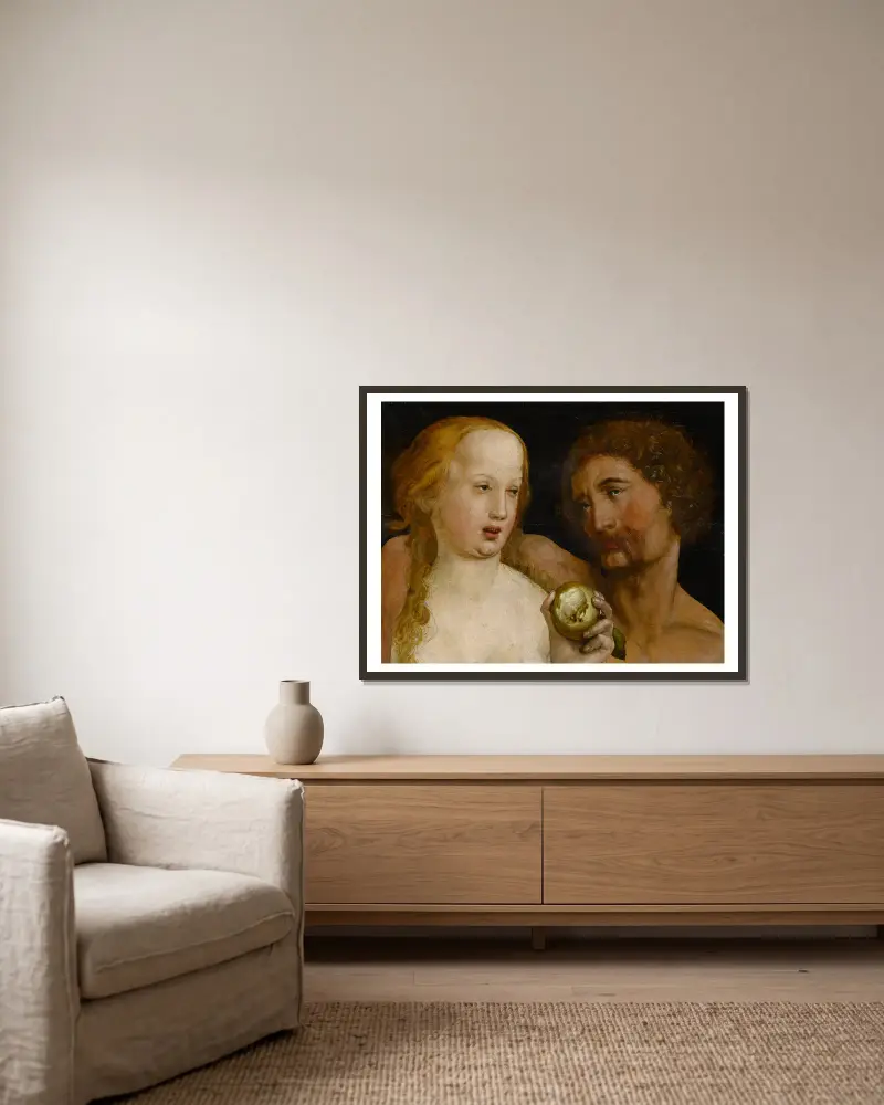 Adam und Eva von Hans Holbein The Younger gerahmt an einer Wand